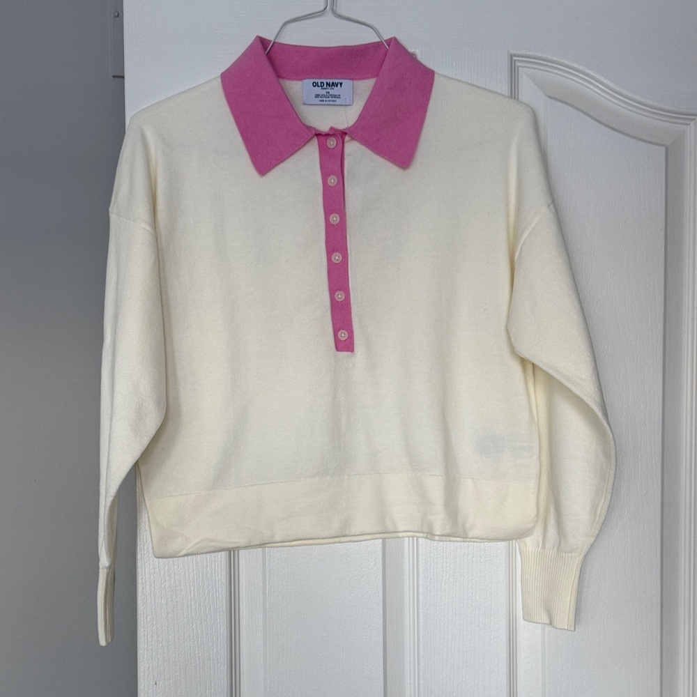Old Navy Cream Sweater with Pink Collar